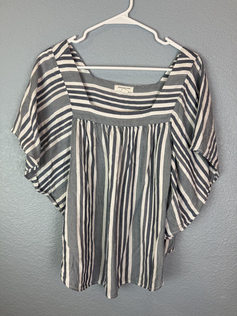 Beachlunchlounge Shirt Womens Medium Blue White Striped Square Neck Flowy Rayon